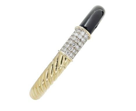 A mid-20th century diamond and onyx set bangle  of hinged design, one half set with a curving onyx panel, the other with ribb