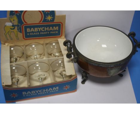 A SET OF SIX BABYCHAM GLASSES IN ORIGINAL BOX TOGETHER WITH A WOODEN BOWL WITH CERAMIC INSERT, METAL RIM, FEET AND HANDLES