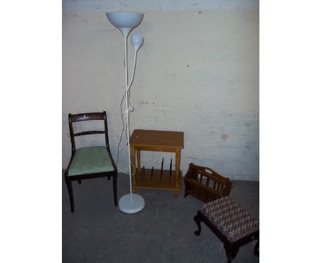 FIVE ITEMS TO INCLUDE A MODERN FLOOR STANDING LAMP, CHAIR, MAGAZINE RACK, SIDE TABLE AND A STOOL  (5)