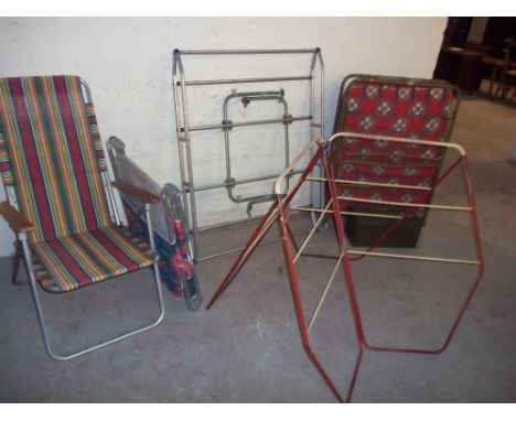 A SELECTION OF ITEMS TO INCLUDE A VINTAGE CAR ROOF RACK AND A TOOL BOX WITH CONTENTS
