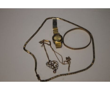 AN EDWARDIAN YELLOW METAL PENDANT ON CHAIN A/F, 9 CT GOLD CURB LINK NECKLACE A/F, A METAL CORE BANGLE AND A LADIES QUARTZ DRE