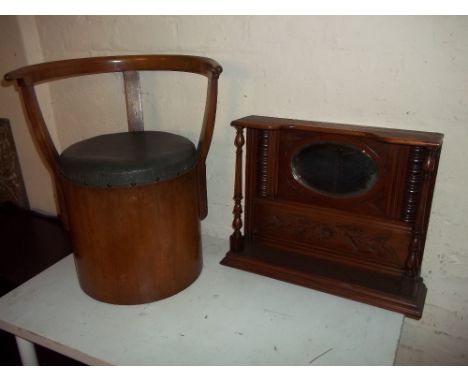 A VINTAGE BARREL TYPE STORAGE CHAIR AND A SMALL MAHOGANY OVERMANTEL MIRROR