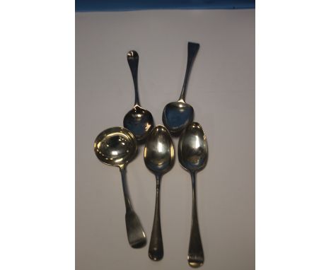 FOUR GEORGIAN SILVER SPOONS AND A LADLE