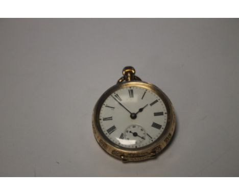 A CONTINENTAL YELLOW METAL LADIES FOB WATCH, MARKED 14K, WHITE ENAMEL DIAL WITH BLACK ROMAN NUMERAL MARKERS, D 3.5 cmDoes not