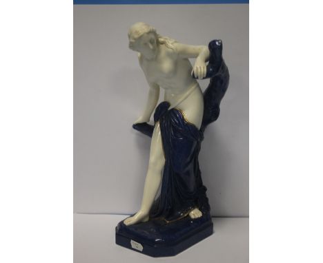 A ROYAL WORCESTER CROWN WARE CLASSICAL STYLE FIGURINE WITH BLUE BASE AND DETAIL, H 29.5 cm, W 16 cm, D 14 cm There is a minor