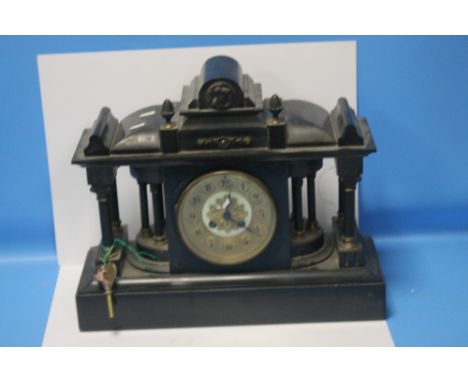 A LATE 19TH CENTURY CLASSICAL STYLE BLACK MARBLE MANTEL CLOCK, WITH GILT METAL DECORATION FITTED WITH ORIGINAL "MARTLE" MOVEM