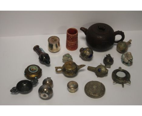 AN ORIENTAL STYLE TEAPOT , A QUANTITY OF METAL MINIATURE FLASKS ETC.