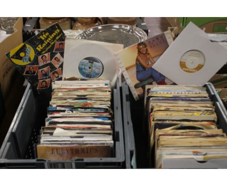 APPROX. 240 SINGLES RECORDS FROM THE 60S, 70S, 80S, 90S AND 00S CONTAINED IN TWO GREY PLASTIC TUBS, ARTISTS INCLUDE T. REX, M