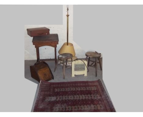 A QUANTITY OF ITEMS TO INCLUDE AN ART DECO ELECTRIC FIRE, TWO ANTIQUE STOOLS, VINTAGE CASES, A RUG AND AN ANTIQUE COAL BOX