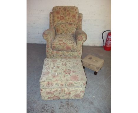 AN ALSTONS CHENILLE FABRIC ARMCHAIR AND STORAGE POUFFE WITH MATCHED FOOTSTOOL