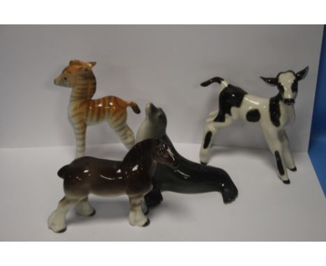 A COLLECTION OF FOUR CERAMIC ANIMALS TO INCLUDE A COW, A HORSE ETC SOME WITH STAMPS TO BASE MADE IN THE USSR