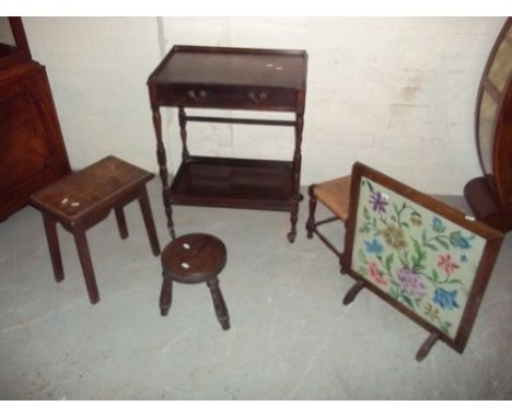 FIVE ITEMS TO INCLUDE A MILKING STOOL, SERVING TROLLEY, FIRESCREEN ETC.