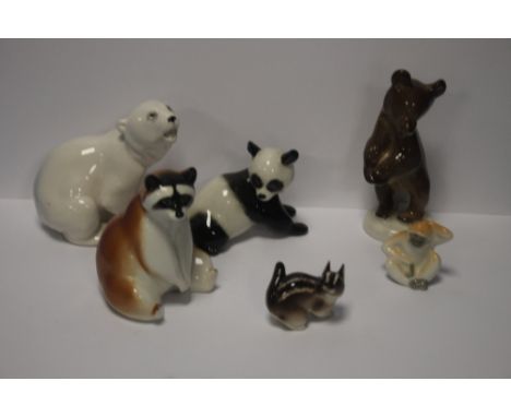 A COLLECTION OF CERAMIC ANIMALS TO INCLUDE A POLAR BEAR, A PANDA ETC ALL WITH STAMPS TO BASE MADE IN USSR