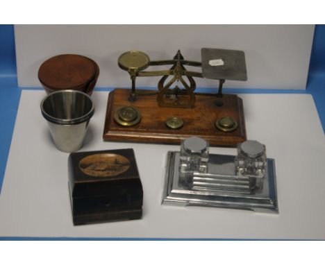 A SET OF POSTAGE SCALES TOGETHER WITH AN INKWELL CARVED BOX ETC