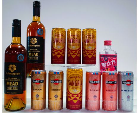 3 BOTTLES AND 9 CANS WINE BASED DRINKStheHoneyman 2 x Manuka + Multifloral Mead Honey Wine; Martini Rossi 2 x Dry White (25cl