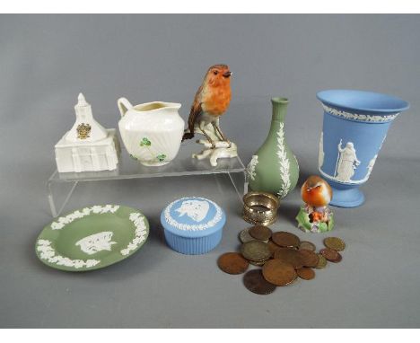 A mixed lot to include Wedgwood Jasperware, Belleek, Goebel, Goss crested ware, a small quantity of coins and a hallmarked si