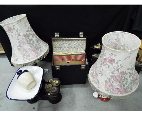 A mixed lot to include a quantity of 12" vinyl records, vintage kitchen scales and weights, briefcases, table lamps and simil