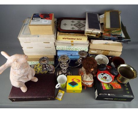 A mixed lot to include ceramics, plated ware, print, doll, Arabia Finland plates, boxed tablet and similar. [2]
