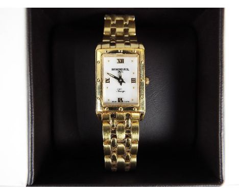 A lady's Raymond Weil 'Tango' collection gold plated wristwatch, the mother of pearl dial set with Roman numeral quarters ref