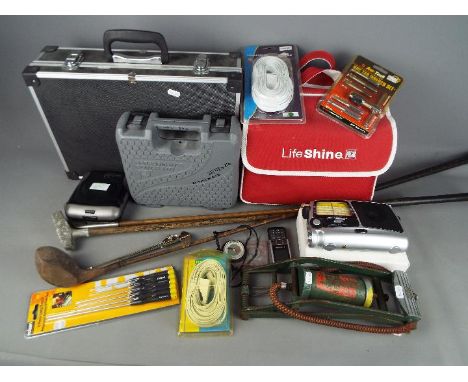 A mixed lot to include tools, Auto Glym car care kit, vintage wooden shaft golf clubs, and similar.