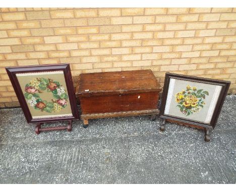 Two fire screens and a vintage wooden chest measuring approximately 44 cm x 80 cm x 42 cm. [3]