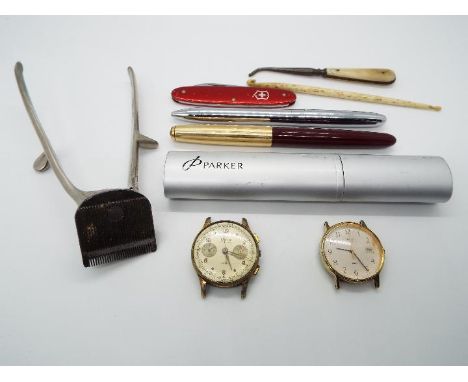 A small mixed lot of collectables to include pens, Victorinox knife, Onsa Chronographe and a Timex watch (both lacking straps