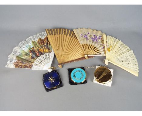 Three vintage powder compacts, two Stratton examples and a Melissa and four folding fans.