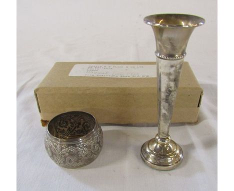 Small silver specimen vase H 11.5 cm&nbsp; Birmingham hallmark (weighted base), ornate Victorian silver napkin ring London 18