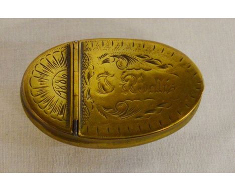 Victorian brass snuff box engraved T Bellis 1886