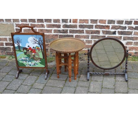 Toilet mirror, fire screen with hunting scene &amp; a folding brass top table