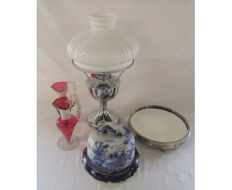 Various items inc silver plated cake stand, Famos lamp, cheese dish (lid repaired) and 2 cranberry glass jugs