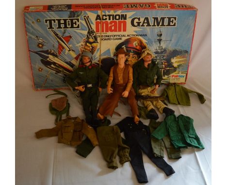 2 vintage Action Man figures &amp; another figure, Action Man accessories &amp; an Action Man board game