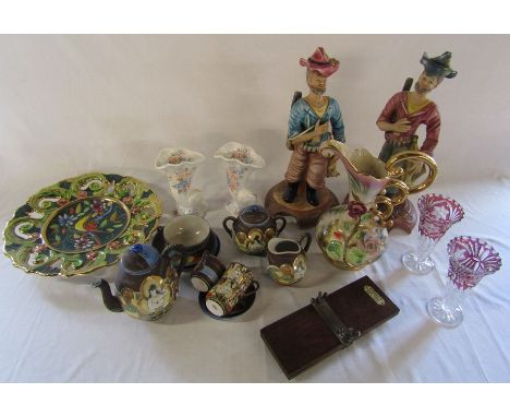 Various ceramics and glassware inc Cornucopia vases, Capodimonte style figurines, pair of glass vases, Oriental style part te