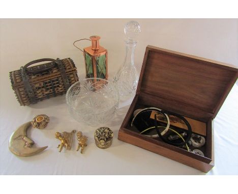 Copper musical lamp, Edwardian basket, glass decanter and bowl, wooden box etc