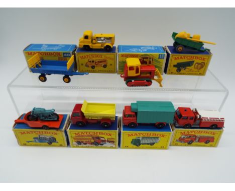 Matchbox Series - eight Lesney models comprising Trailer with barrels # 51 ex+, Hay Trailer # 40 ex, Case Tractor # 16 ex, Gr