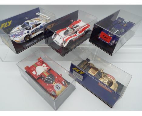 FLY Classic - five 1:32 scale model slot racing cars, gold colour Marcos 600 Le Mans 98 , Ferrari 512 Berlinetta Monza 70, Lo