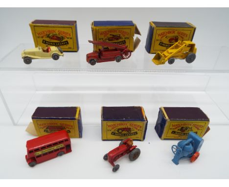 Matchbox Series - six Moko Lesney models comprising Double Decker Bus # 5 ex, Tractor # 4 vg, open-top Sports Car # 19 g, Fir