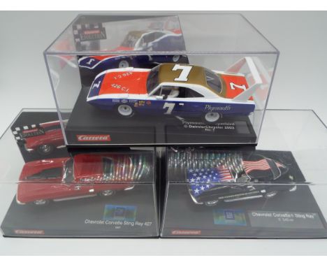 Carrera - three 1:32 scale model slot racing cars, Plymouth Superbird DaimlerChrysler 2003, Chevrolet Corvette Sting Ray S S4