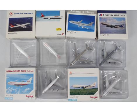 Herpa Wings - 6 x boxed Aircraft models in 1:500 scale including Boeing 747-400, Boeing 747 SP, Airbus A340-300 and similar o