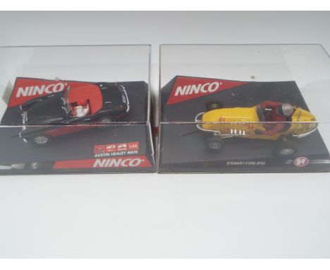 Ninco - two 1:32 scale model slot racing cars, Stewart-Ford SF02 'Short Stuff' # 50185, and Austin Healey MkIII # 50264, both