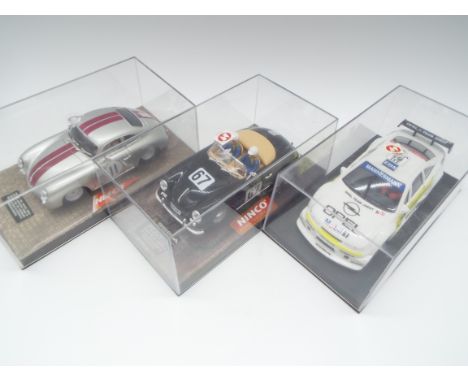 Ninco - three 1:32 scale model slot Sports Racing Cars as illustrated, all appear mint in original transparent display boxes 