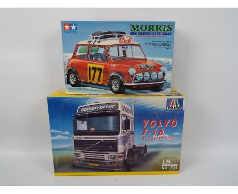 Tamiya - Italeri - Two boxed plastic model vehicle kits in 1:24 scale. Lot consists of Tamiya #24048 Morris Mini Cooper 1275S