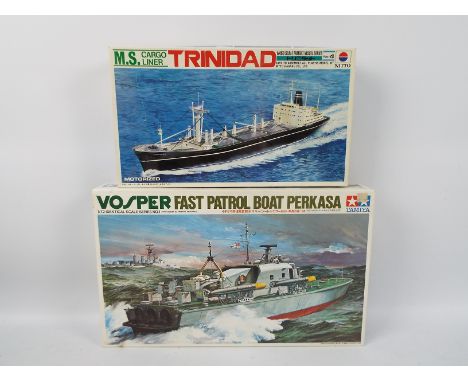 Tamiya - Nitto - 2 x boxed boat model kits, M.S. Trinidad Cargo Liner in 1/450 scale # 987-1500 and a Vosper Patrol Boat in 1