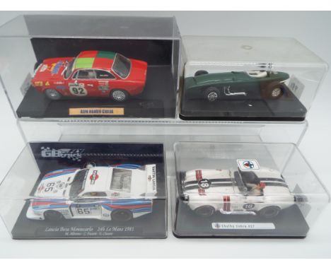 GB Track Fly and others - four model racing cars comprising GB Fly Lancia Beta Montecarlo Le Mans 1981, Shelby Cobra 427 with