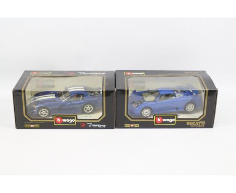 Bburago - Two boxed diecast 1:18 scale model cars from Bburago. Lot consists of #3035 Bugatti EB110 (1991) and #3030 Dodge Vi