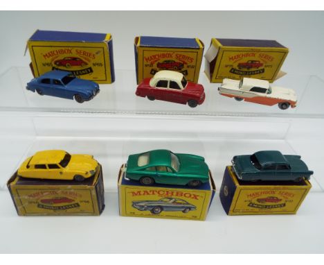 Matchbox Series - six Lesney / Moko Lesney model Motor Cars comprising Ford Zodiac # 33 g, DS 19 Citroen # 66 g-, Ferrari Ber