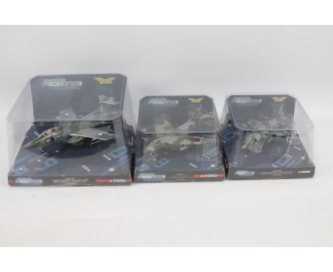 Corgi Modern Fighters - 3 x boxed aircraft in 1:72 scale, Hawker Siddeley Harrier GR.1 # AA32409, Hunter F Mk6 # AA32709 and 