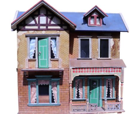 A Moritz Gottschalk blue roof dolls house model 3592, German circa 1905, the paper brick effect exterior with covered veranda