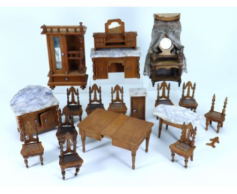 Selection of Schneegas wooden Dolls House furniture, German 1880s, including a set of ten Gothic style chairs with wicker sty