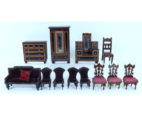 Selection of wooden miniature furniture, including solid wooden wardrobe 6 ½” (16cm) tall, dressing table and chest of drawer